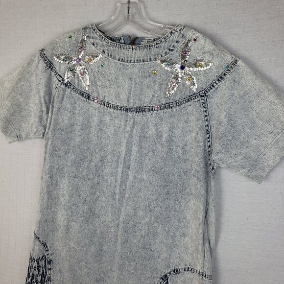 Vintage 80s 90s Andiamo Italia Boxy Dress Acid Wash Sequined Beaded size M Denim - Picture 3 of 12